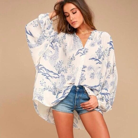 Free People Tops - Free People Womens Metallic Blooms Ivory Print Blouse Top XS